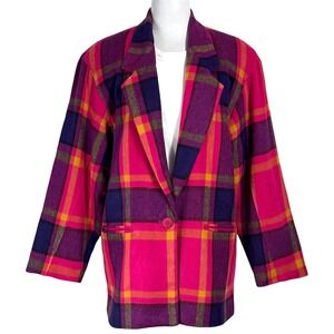 Vintage Colorful Plaid Blazer Size L Oversized Pink Purple 90s Wool Blend Jacket
